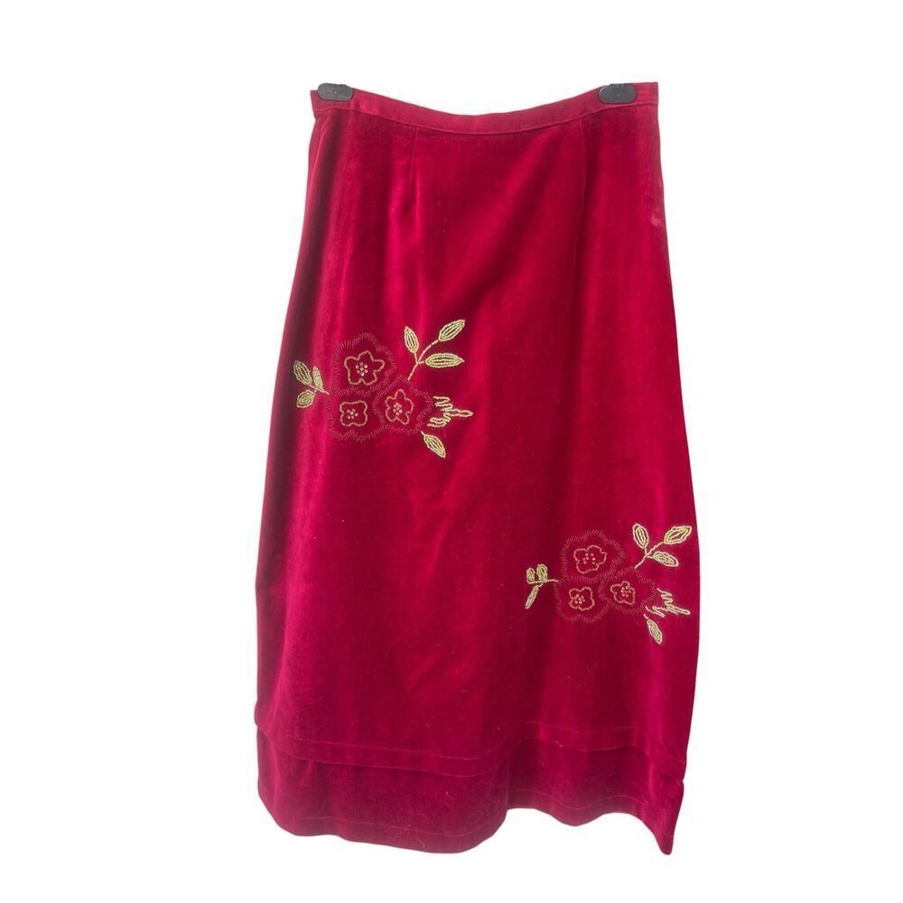 April Cornell Small vintage Red Velvet flowers Beaded Midi skirt career